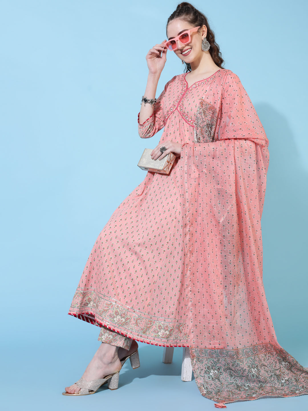 Cotton Calf Length Printed Flared 3/4 Sleeves Sweetheart Neck Kurta Bottom Dupatta Set