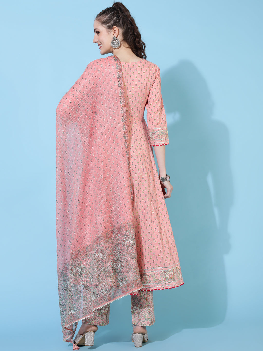 Cotton Calf Length Printed Flared 3/4 Sleeves Sweetheart Neck Kurta Bottom Dupatta Set