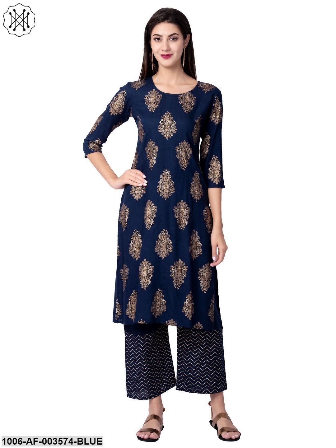 Women's Straight Rayon Printed Kurta Pant Set (Blue)