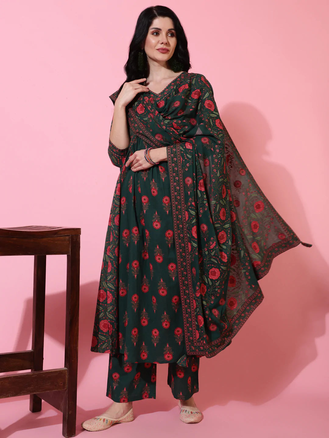 Cotton Calf Length Semi Flared 3/4 Sleeves Printed V-Neck Kurta Bottom Dupatta Set