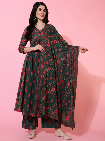 Cotton Calf Length Semi Flared 3/4 Sleeves Printed V-Neck Kurta Bottom Dupatta Set