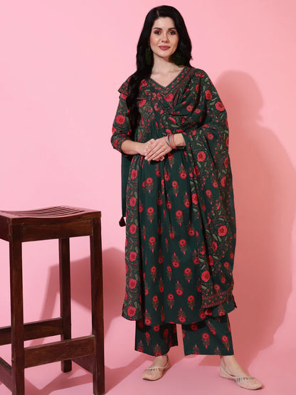 Cotton Calf Length Semi Flared 3/4 Sleeves Printed V-Neck Kurta Bottom Dupatta Set