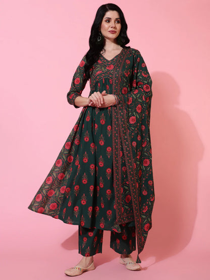 Cotton Calf Length Semi Flared 3/4 Sleeves Printed V-Neck Kurta Bottom Dupatta Set