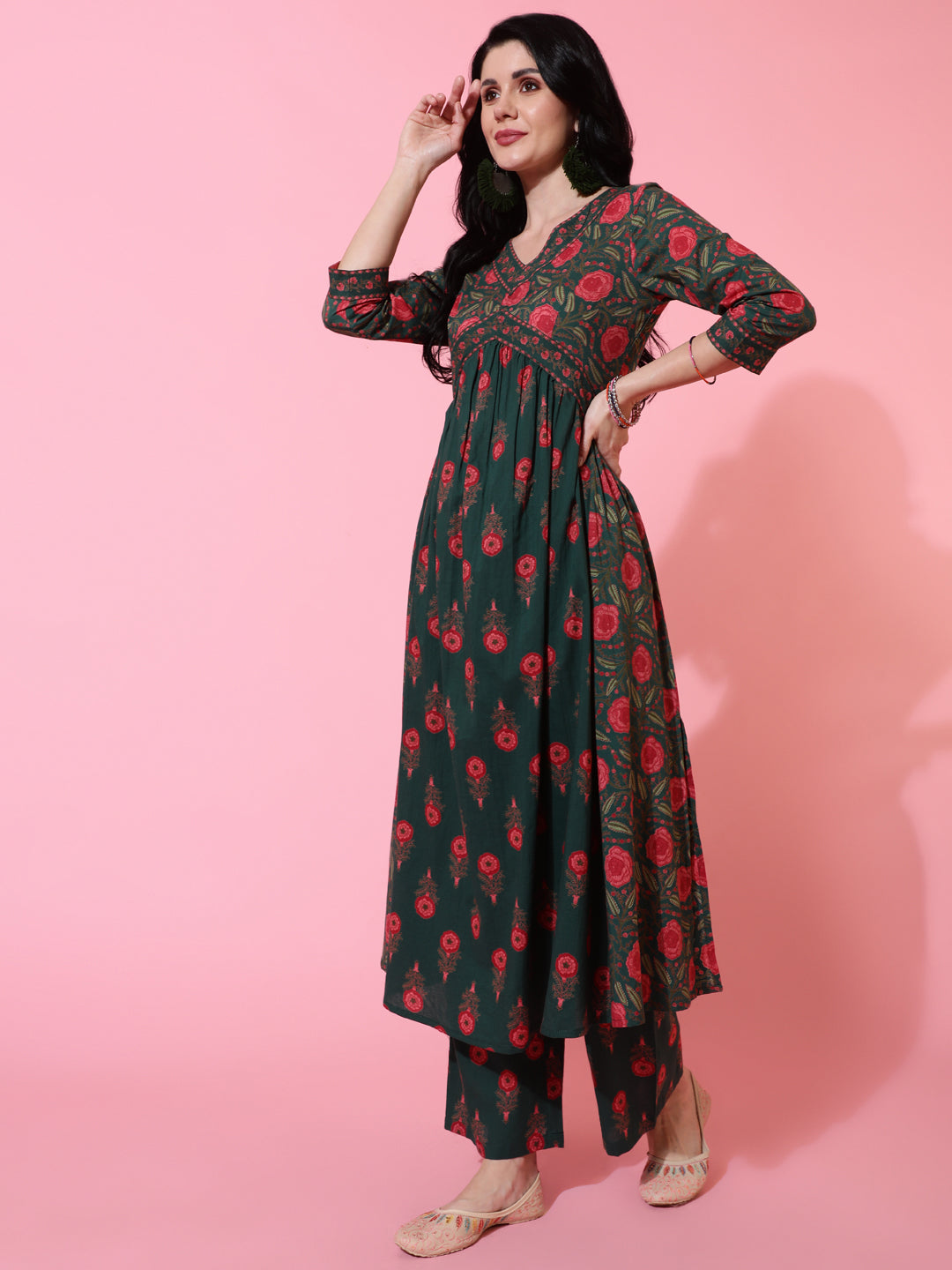 Cotton Calf Length Semi Flared 3/4 Sleeves Printed V-Neck Kurta Bottom Dupatta Set