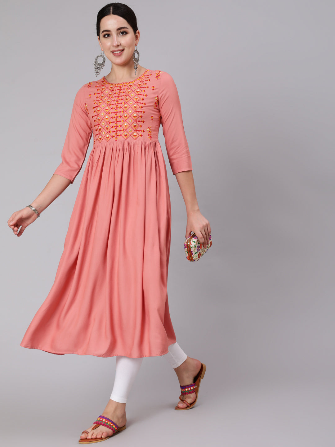 Rayon Calf Length Embroidered A-line 3/4 Sleeve Round Neck Kurta