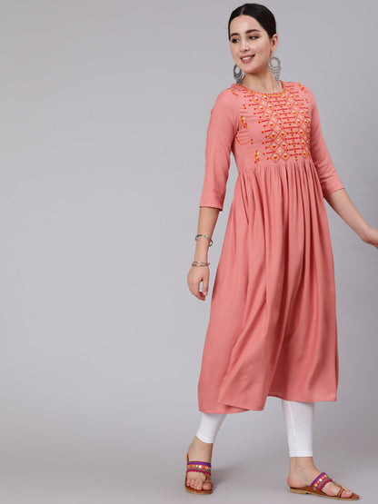 Rayon Calf Length Embroidered A-line 3/4 Sleeve Round Neck Kurta