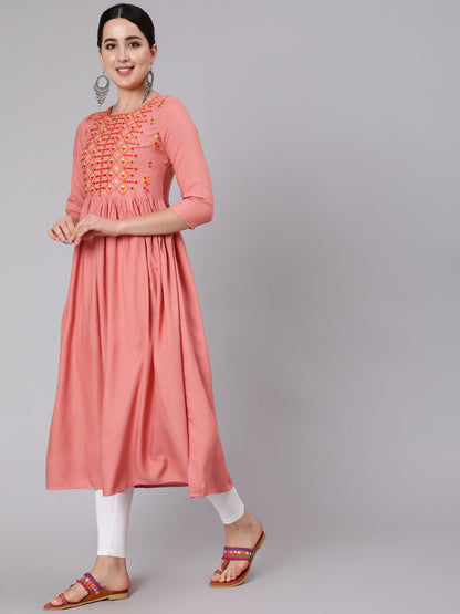 Rayon Calf Length Embroidered A-line 3/4 Sleeve Round Neck Kurta