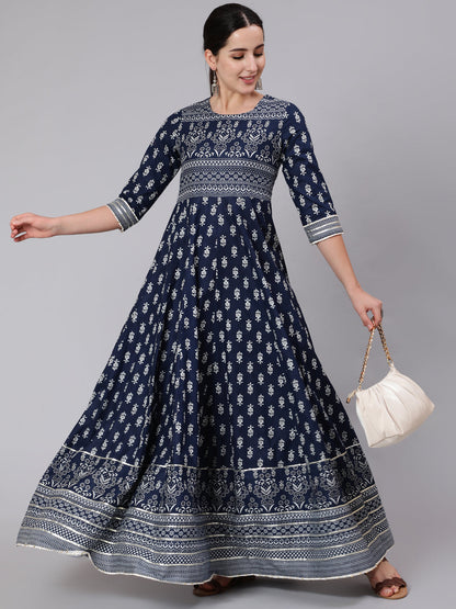 Cotton Full Length Printed Flared 3/4 Sleeve Round Neck Kurta