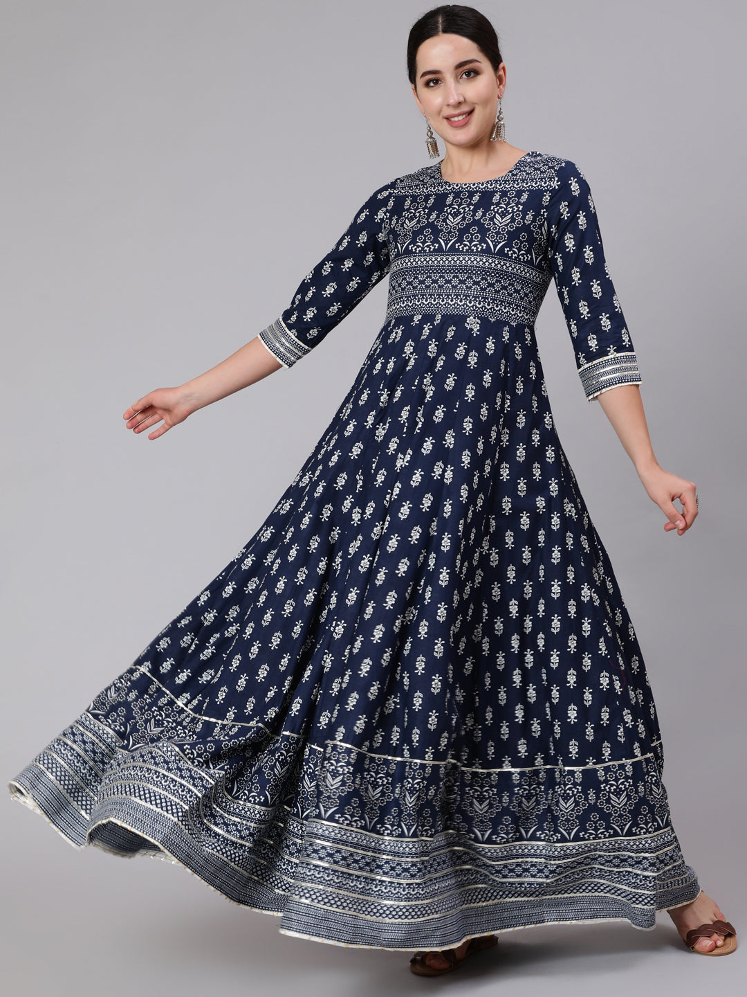 Cotton Full Length Printed Flared 3/4 Sleeve Round Neck Kurta