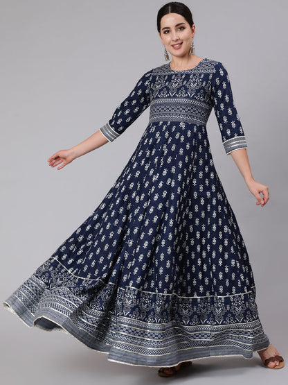 Cotton Full Length Printed Flared 3/4 Sleeve Round Neck Kurta