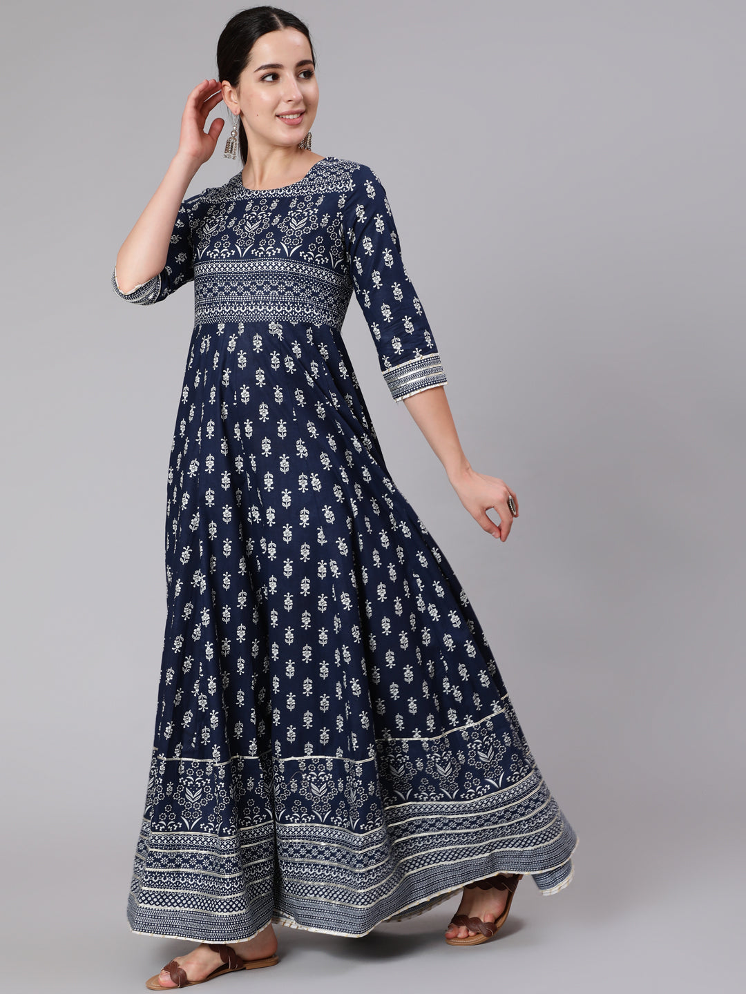 Cotton Full Length Printed Flared 3/4 Sleeve Round Neck Kurta