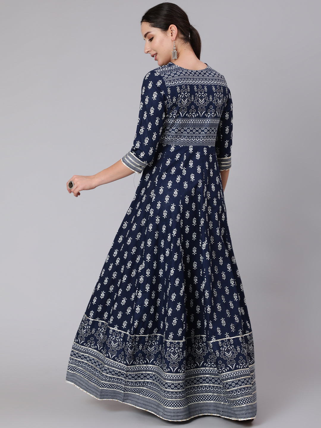 Cotton Full Length Printed Flared 3/4 Sleeve Round Neck Kurta