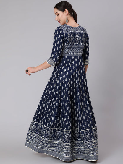 Cotton Full Length Printed Flared 3/4 Sleeve Round Neck Kurta