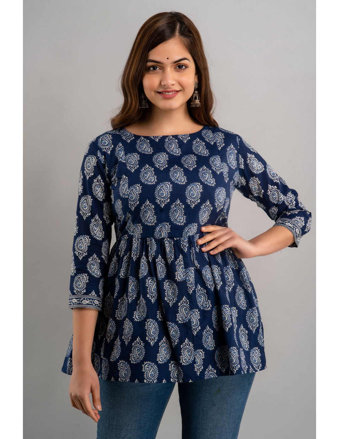 Cotton Printed 3/4 Sleeve Flared Round Neck Top