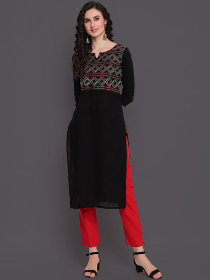 Embroidered Straight Calf Length 3/4 Sleeves Round Neck Cotton Slub Kurta