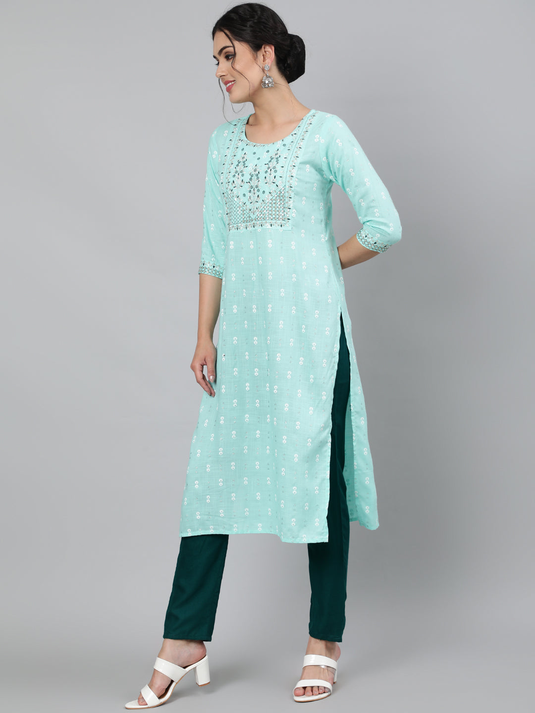 Rayon Slub Sequence 3/4 Sleeve Straight Round Neck Calf Length Kurta