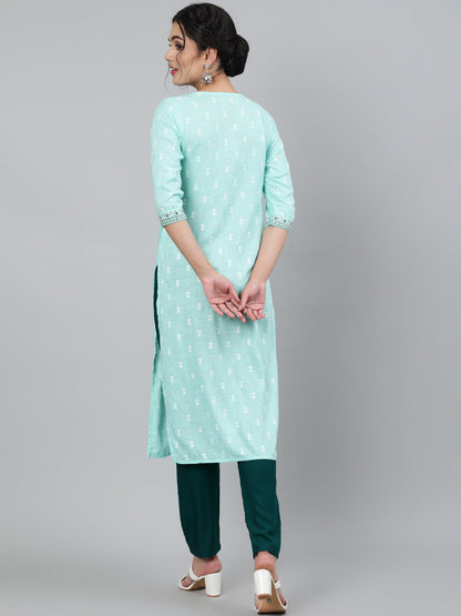 Rayon Slub Sequence 3/4 Sleeve Straight Round Neck Calf Length Kurta