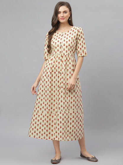 Women's Floral Printed Cotton Midi Flared Dress