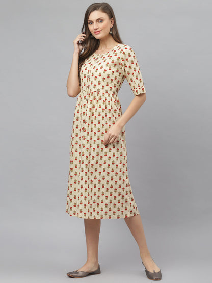 Women's Floral Printed Cotton Midi Flared Dress