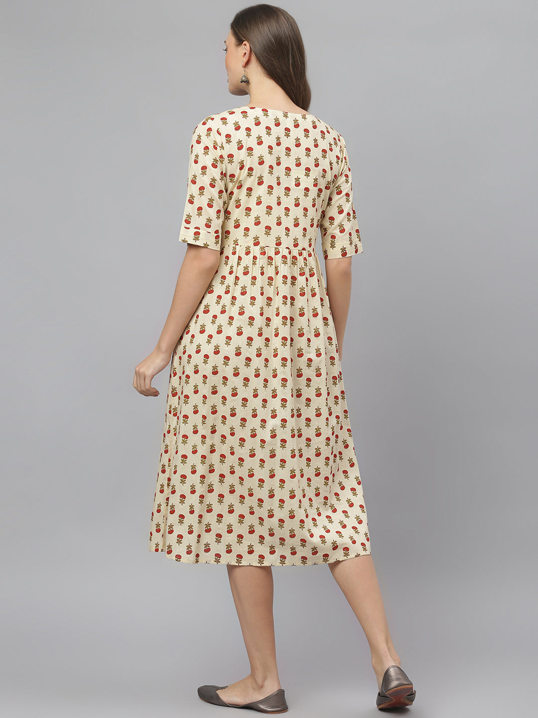 Women's Floral Printed Cotton Midi Flared Dress