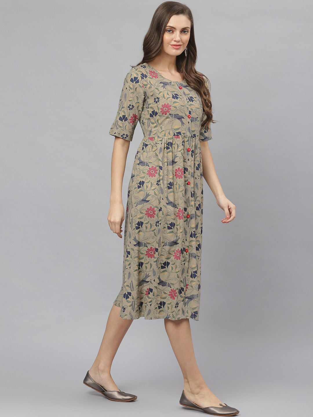 Women's Floral Printed Rayon Midi Flared Dress