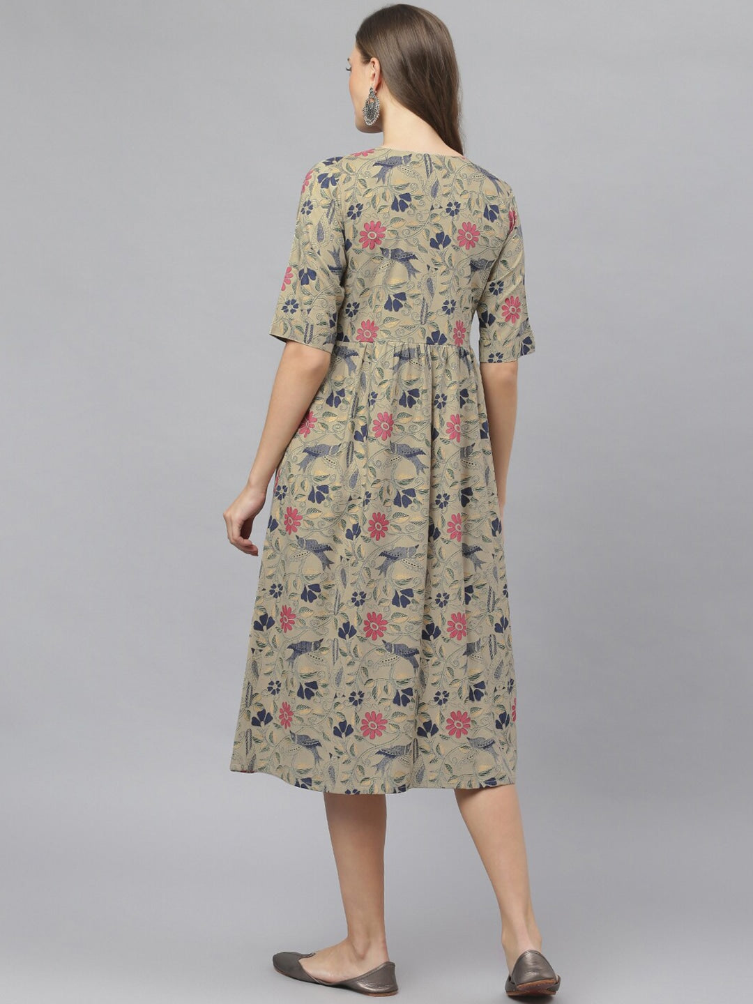 Women's Floral Printed Rayon Midi Flared Dress