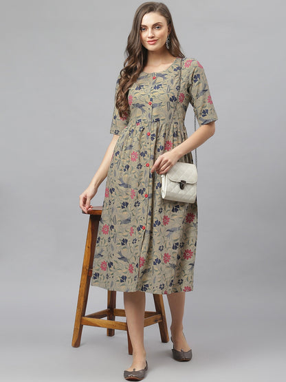 Women's Floral Printed Rayon Midi Flared Dress