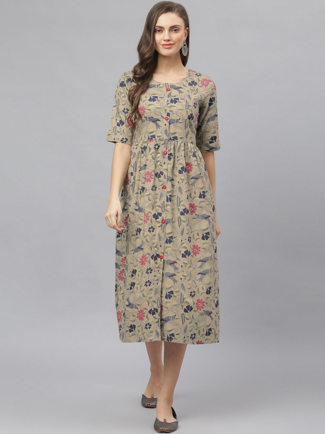 Women's Floral Printed Rayon Midi Flared Dress