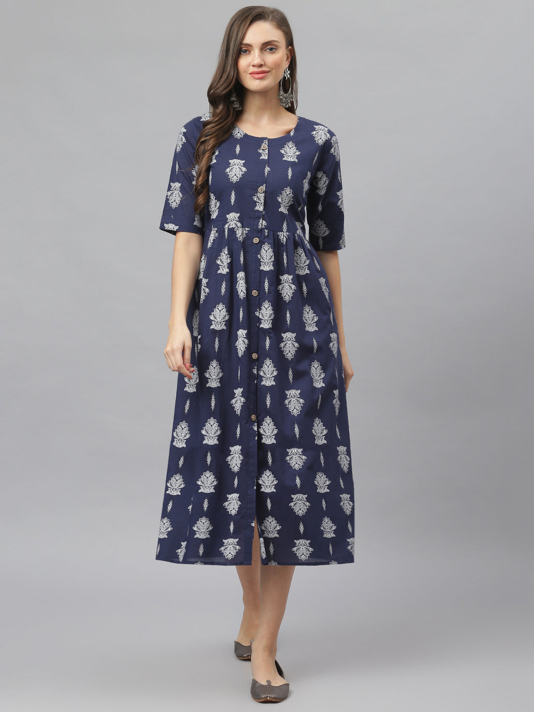 Women's Paisely Print Cotton Midi Flared Dress