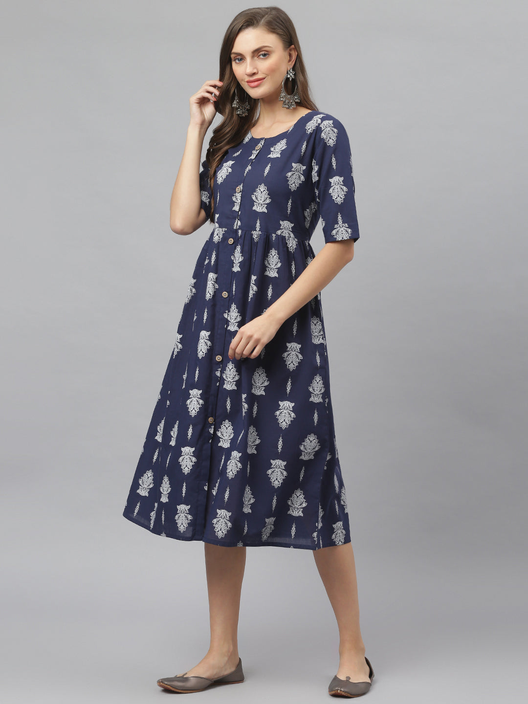 Women's Paisely Print Cotton Midi Flared Dress