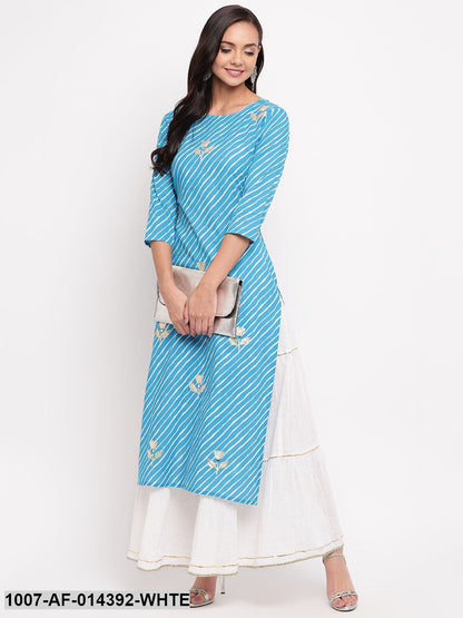 Gota Patti Work Cotton Straight kurta Skirt Set (Sky Blue,White)