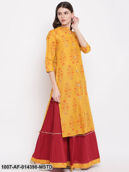 Floral Print Cotton Straight kurta Skirt Set (Mustard,Maroon)