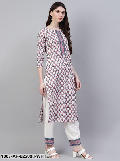 Women's Floral Print Cotton Straight Kurta Pant Set (White)