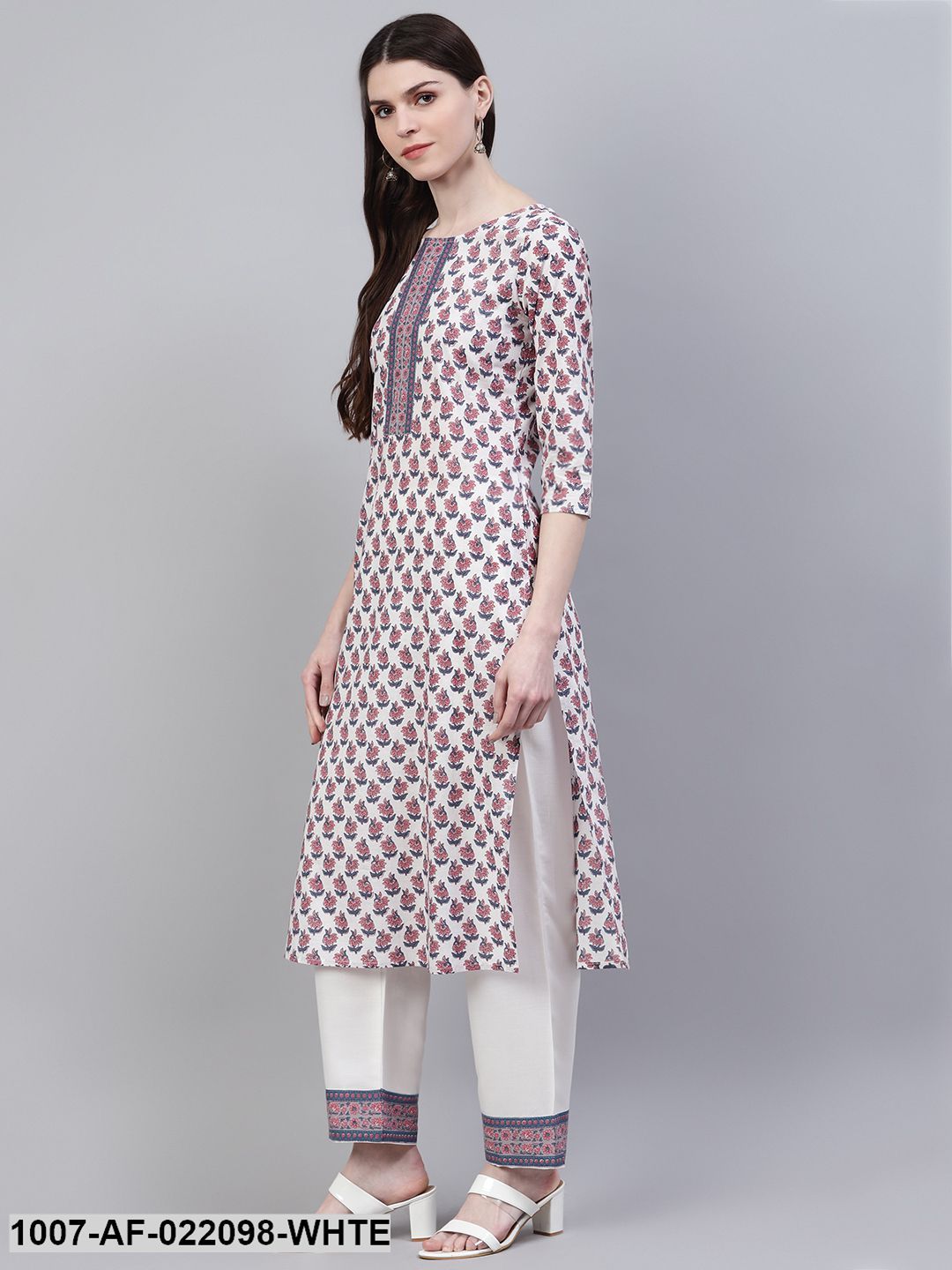 Women's Floral Print Cotton Straight Kurta Pant Set (White)