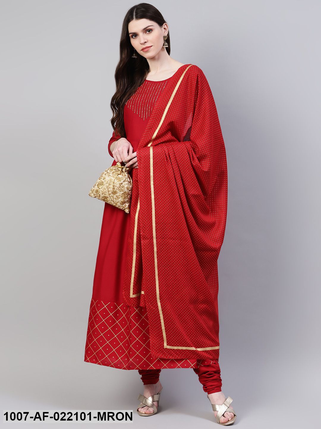 Women's Embroidered Rayon Flared Kurta Dupatta Set (Maroon)