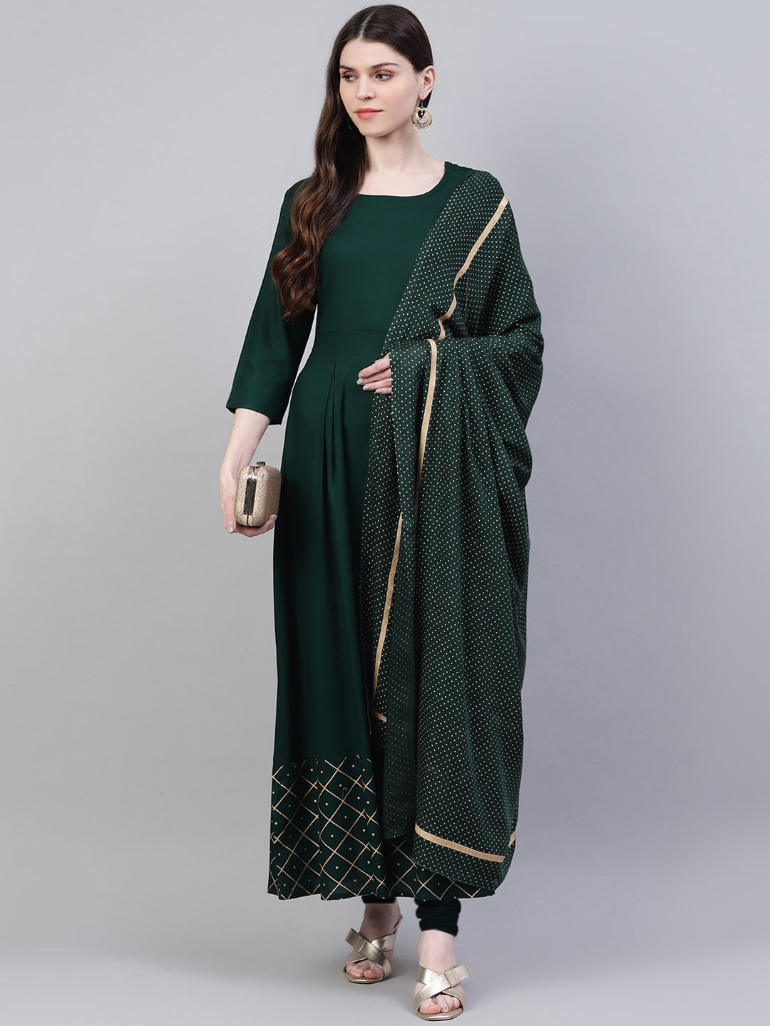 Women's Gold Print Rayon Flared Kurta Dupatta Set (Dark Green)