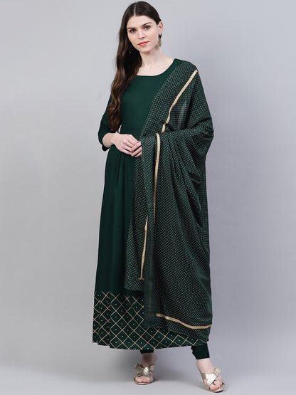 Women's Gold Print Rayon Flared Kurta Dupatta Set (Dark Green)