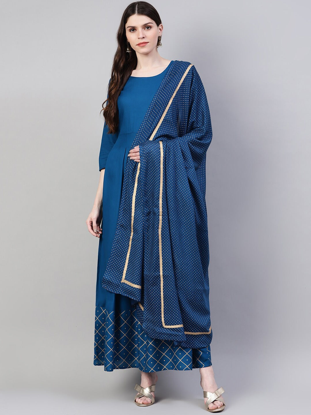 Women's Gold Print Rayon Flared Kurta Dupatta Set (Teal Blue)