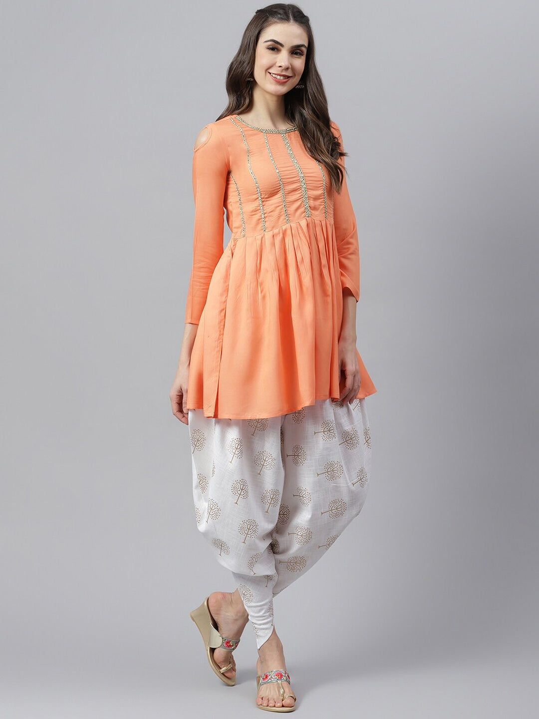 Women's Embellished Rayon Pleated kurta Dhoti Pant Set (Peach, Off White)