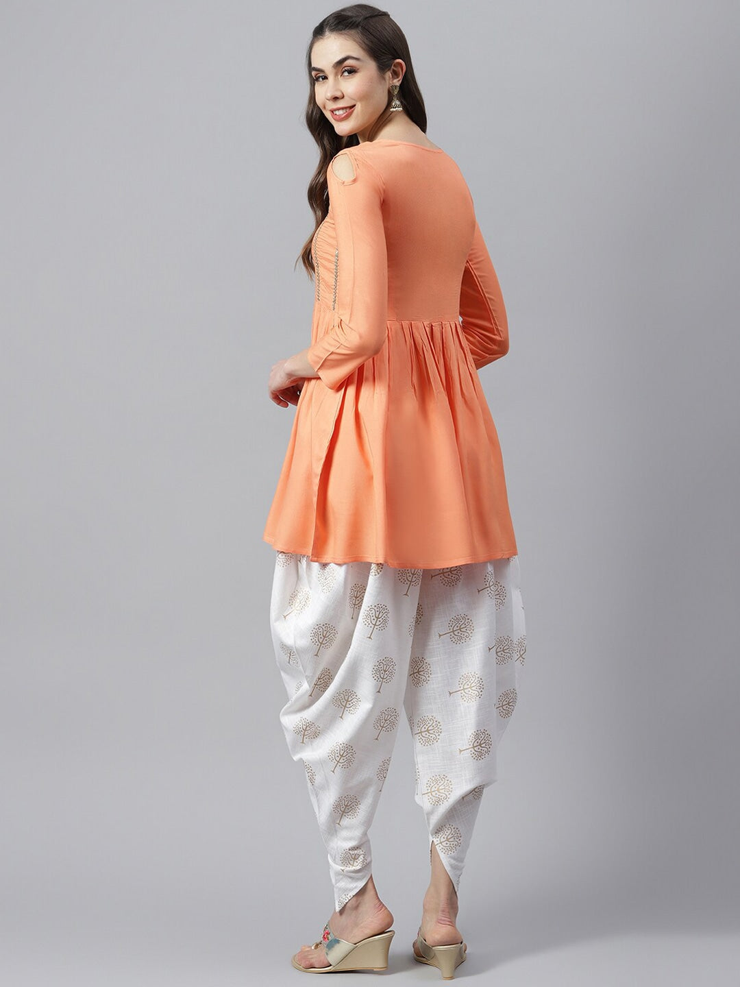 Women's Embellished Rayon Pleated kurta Dhoti Pant Set (Peach, Off White)