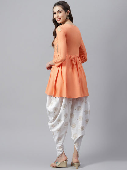 Women's Embellished Rayon Pleated kurta Dhoti Pant Set (Peach, Off White)