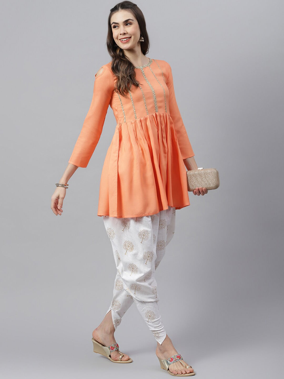 Women's Embellished Rayon Pleated kurta Dhoti Pant Set (Peach, Off White)