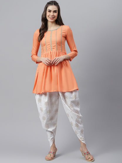 Women's Embellished Rayon Pleated kurta Dhoti Pant Set (Peach, Off White)