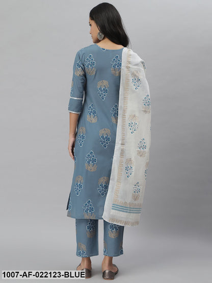 Women's Printed Cotton Straight Kurta Pant Dupatta Set (Denim Blue)