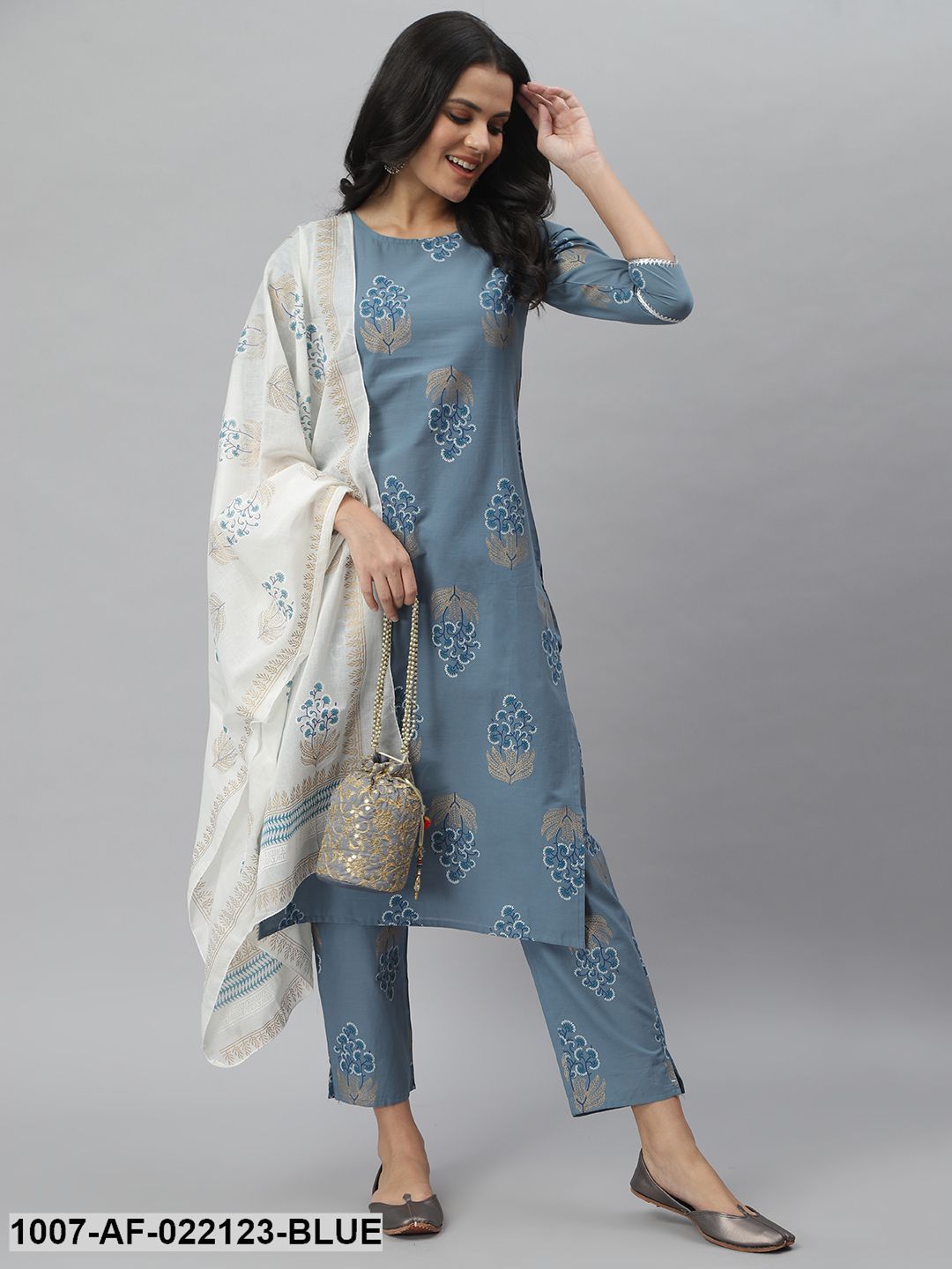 Women's Printed Cotton Straight Kurta Pant Dupatta Set (Denim Blue)