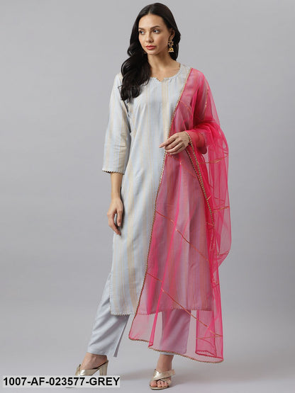 Striped Rayon Straight Kurta Pant Dupatta Set