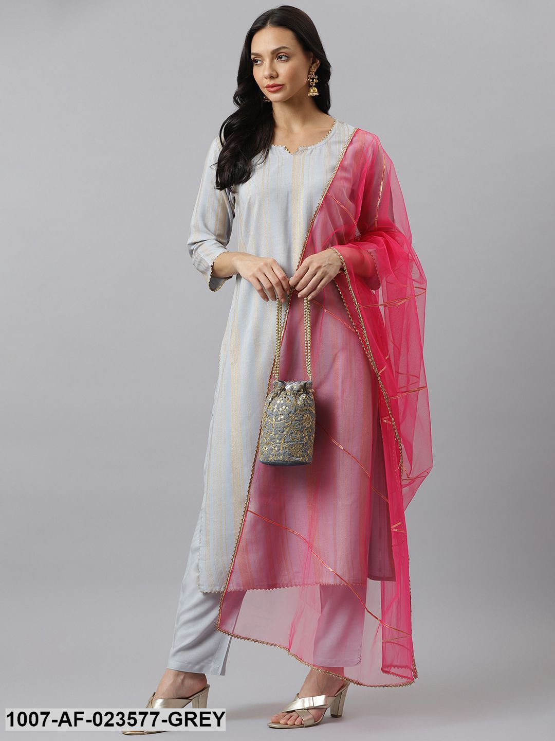 Striped Rayon Straight Kurta Pant Dupatta Set