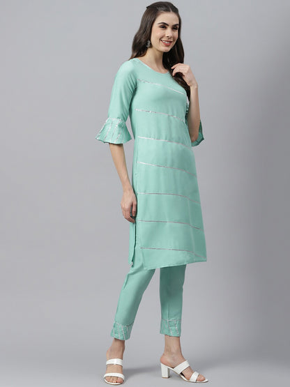 Embellished Rayon Straight Kurta Pant Dupatta Set