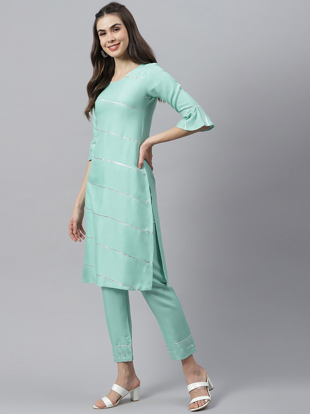 Embellished Rayon Straight Kurta Pant Dupatta Set