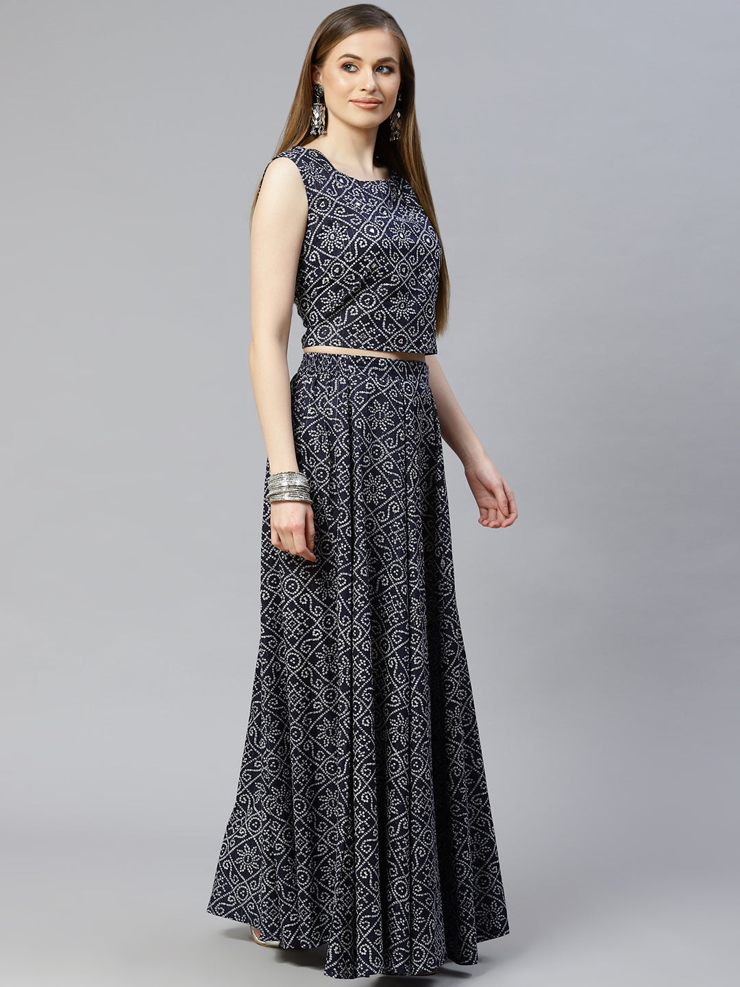 Women Bandhani Print Cambric Crop Top Skirt Set